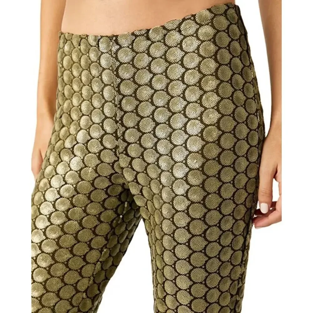 FREE PEOPLE Wilder Days Sequined Flared Pants in Olive Size 10 New MSRP $198